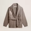 Cardigan da donna in lana grigio melange con ricami sul davanti