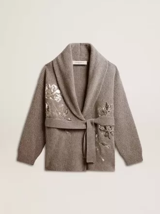 Cardigan da donna in lana grigio melange con ricami sul davanti
