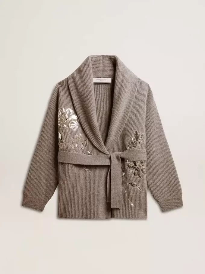 Cardigan da donna in lana grigio melange con ricami sul davanti
