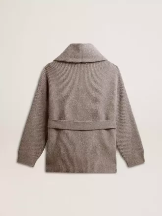 Cardigan da donna in lana grigio melange con ricami sul davanti