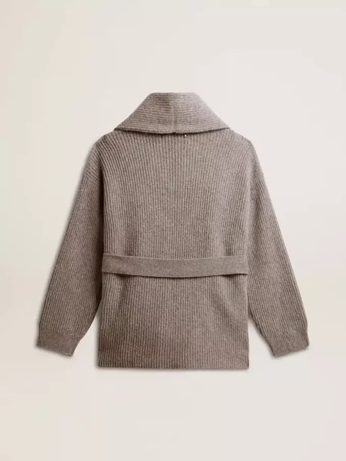 Cardigan da donna in lana grigio melange con ricami sul davanti