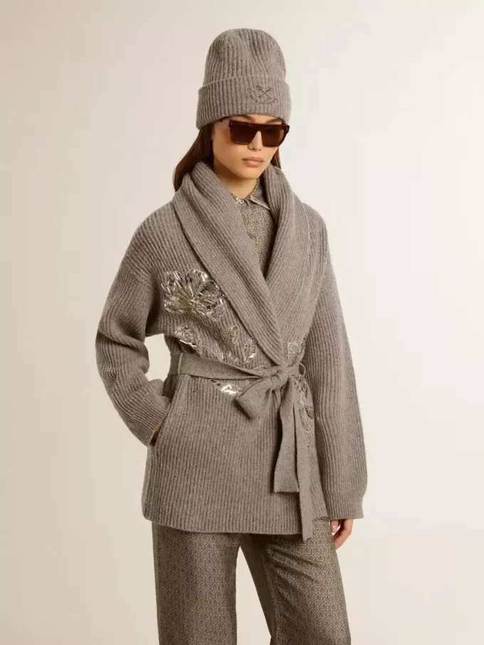 Cardigan da donna in lana grigio melange con ricami sul davanti