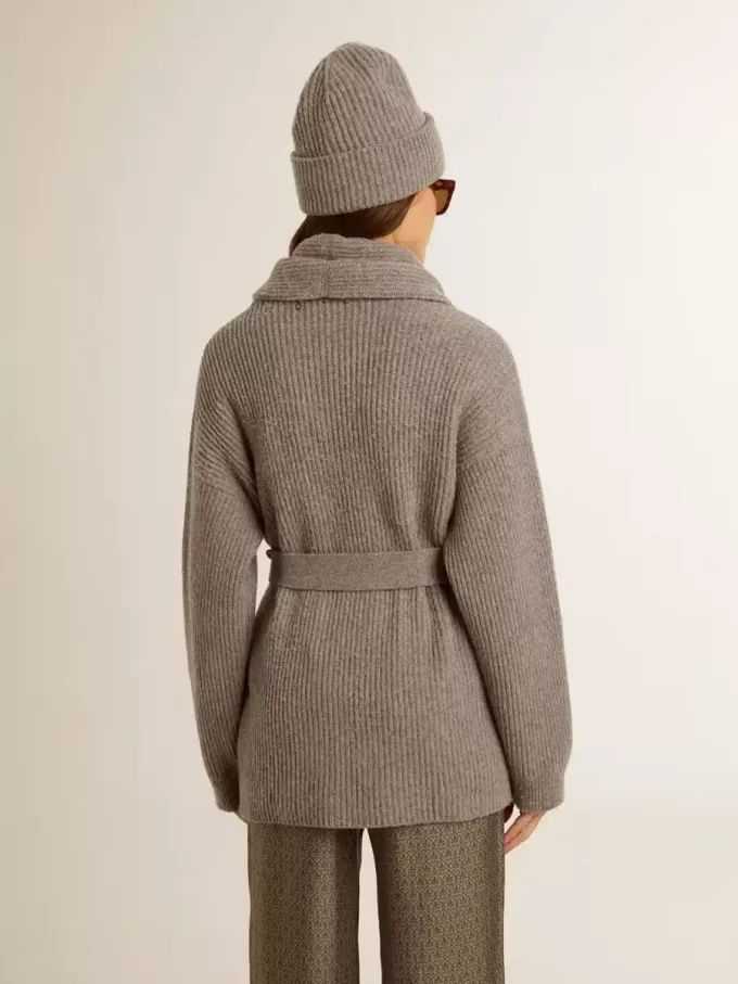 Cardigan da donna in lana grigio melange con ricami sul davanti