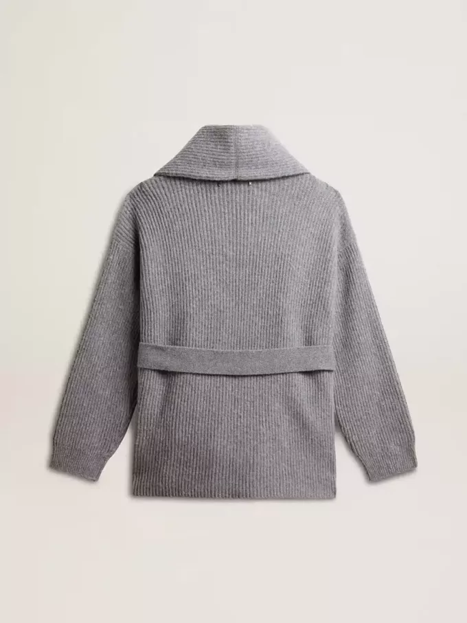 Cardigan da donna in lana grigio melange con ricami sul davanti