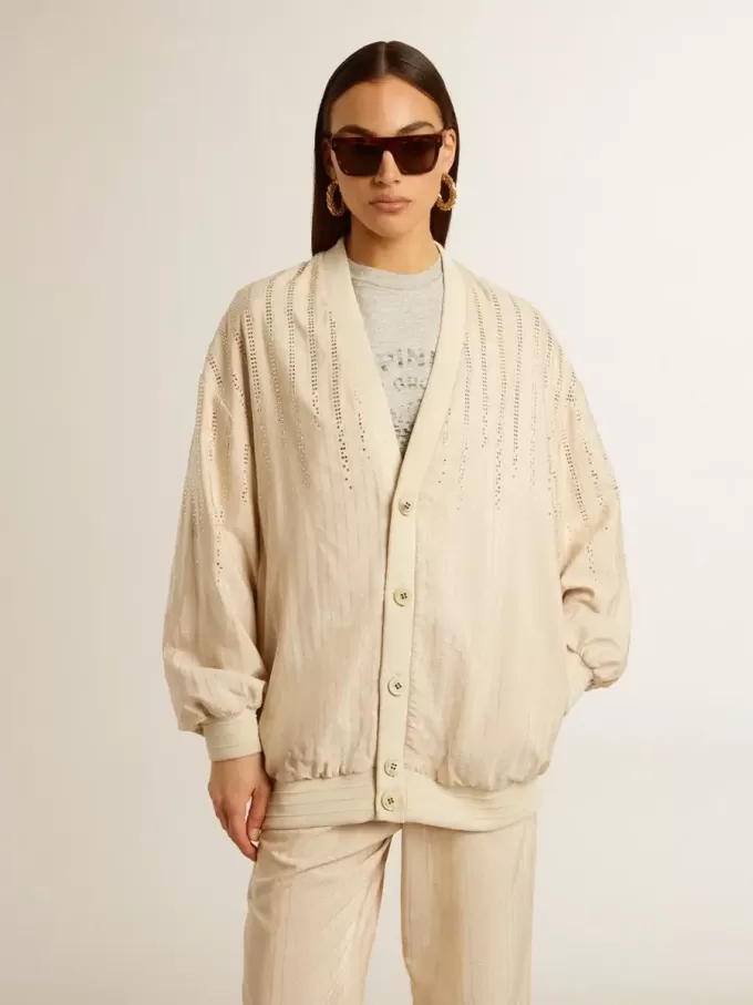 Cardigan da donna in seta e viscosa con motivo gessato Cardigan da donna in seta e viscosa con motivo gessato