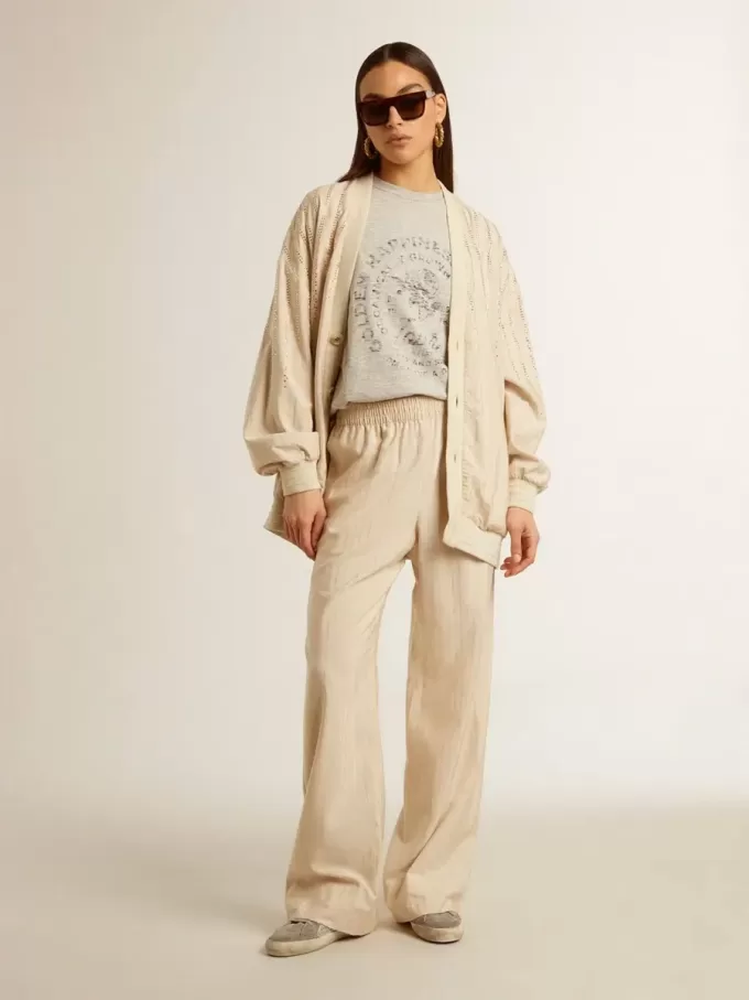 Cardigan da donna in seta e viscosa con motivo gessato Cardigan da donna in seta e viscosa con motivo gessato