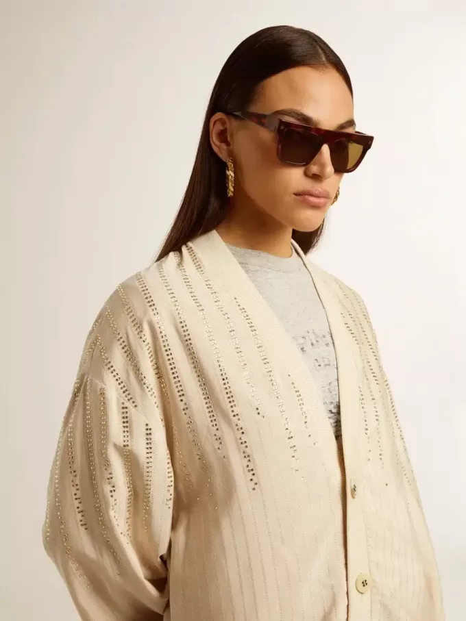 Cardigan da donna in seta e viscosa con motivo gessato Cardigan da donna in seta e viscosa con motivo gessato