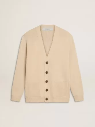 Cardigan da uomo beige con scritta “Golden” sul retro