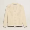 Cardigan da uomo in cotone bianco con motivo a trecce e bordi a costine blu Cardigan da uomo in cotone bianco con motivo a trecce e bordi a costine blu