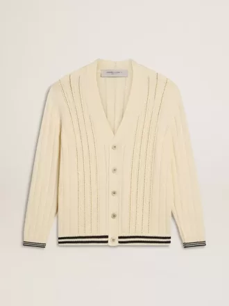 Cardigan da uomo in cotone bianco con motivo a trecce e bordi a costine blu