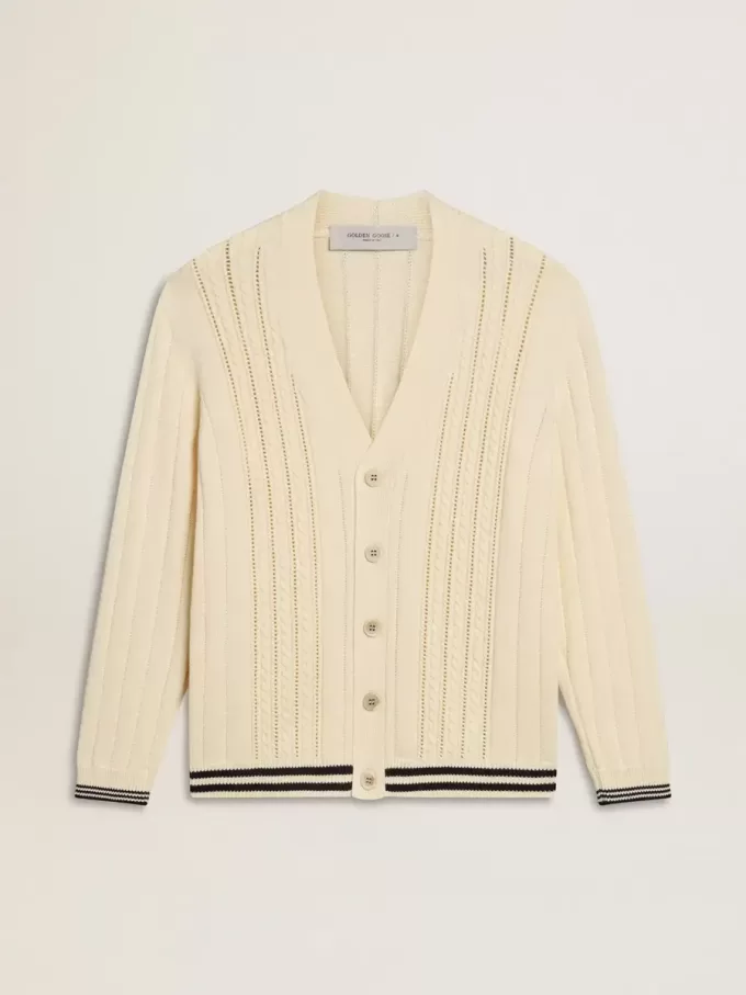 Cardigan da uomo in cotone bianco con motivo a trecce e bordi a costine blu Cardigan da uomo in cotone bianco con motivo a trecce e bordi a costine blu