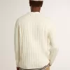 Cardigan da uomo in cotone bianco con motivo a trecce e bordi a costine blu Cardigan da uomo in cotone bianco con motivo a trecce e bordi a costine blu