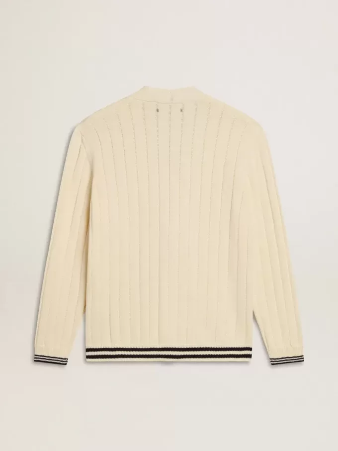 Cardigan da uomo in cotone bianco con motivo a trecce e bordi a costine blu Cardigan da uomo in cotone bianco con motivo a trecce e bordi a costine blu