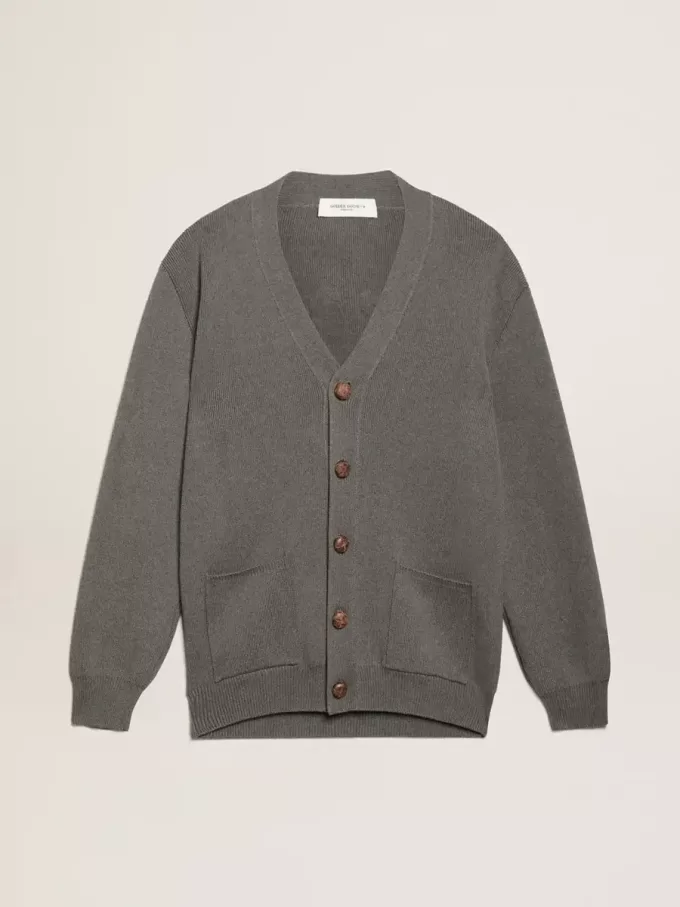 Cardigan da uomo in cotone grigio mélange con logo sul retro Cardigan da uomo in cotone grigio mélange con logo sul retro