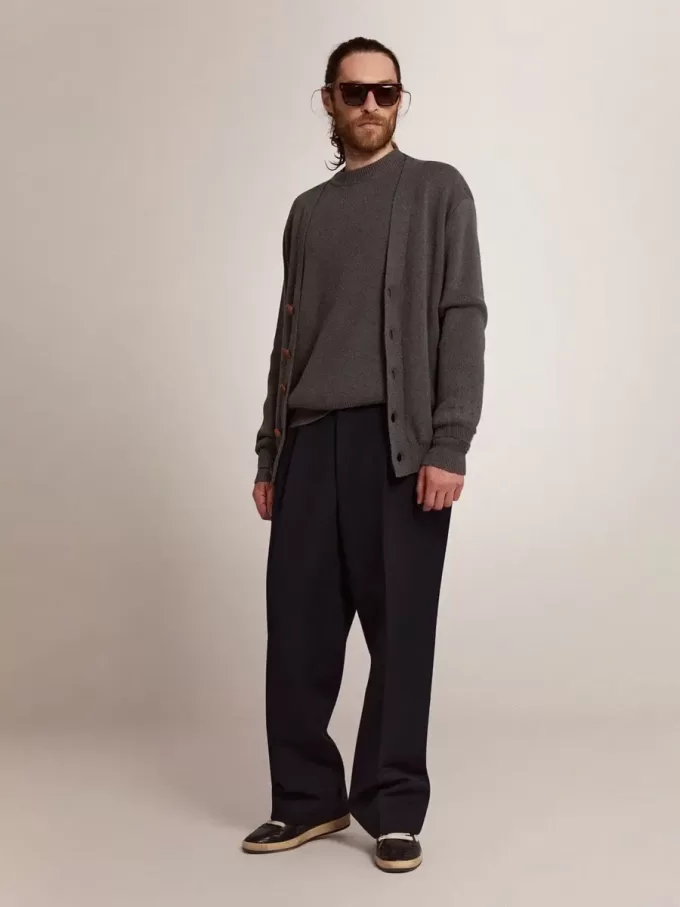 Cardigan da uomo in cotone grigio mélange con logo sul retro Cardigan da uomo in cotone grigio mélange con logo sul retro