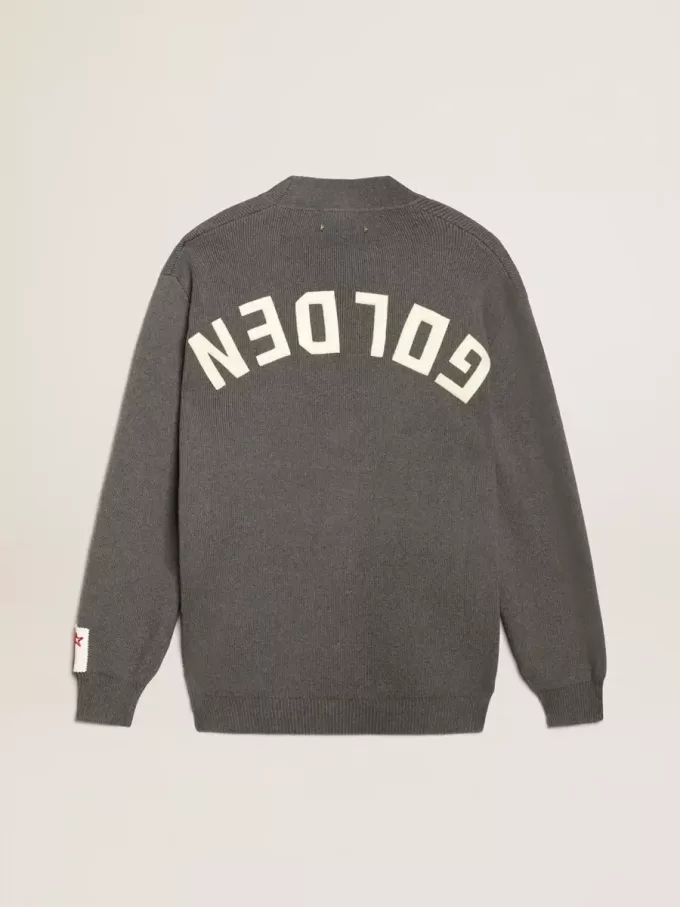 Cardigan da uomo in cotone grigio mélange con logo sul retro Cardigan da uomo in cotone grigio mélange con logo sul retro