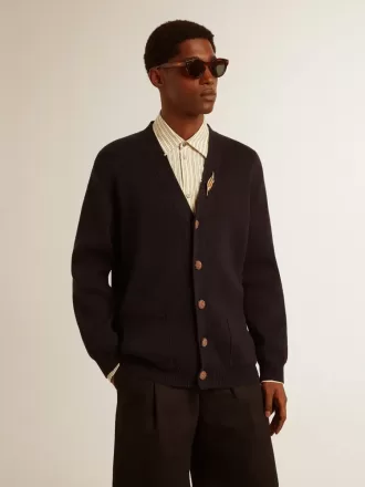 Cardigan Golden Collection in cotone blu scuro con finitura effetto consumato