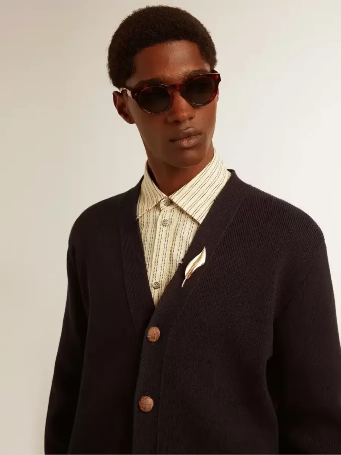 Cardigan Golden Collection in cotone blu scuro con finitura effetto consumato Cardigan Golden Collection in cotone blu scuro con finitura effetto consumato