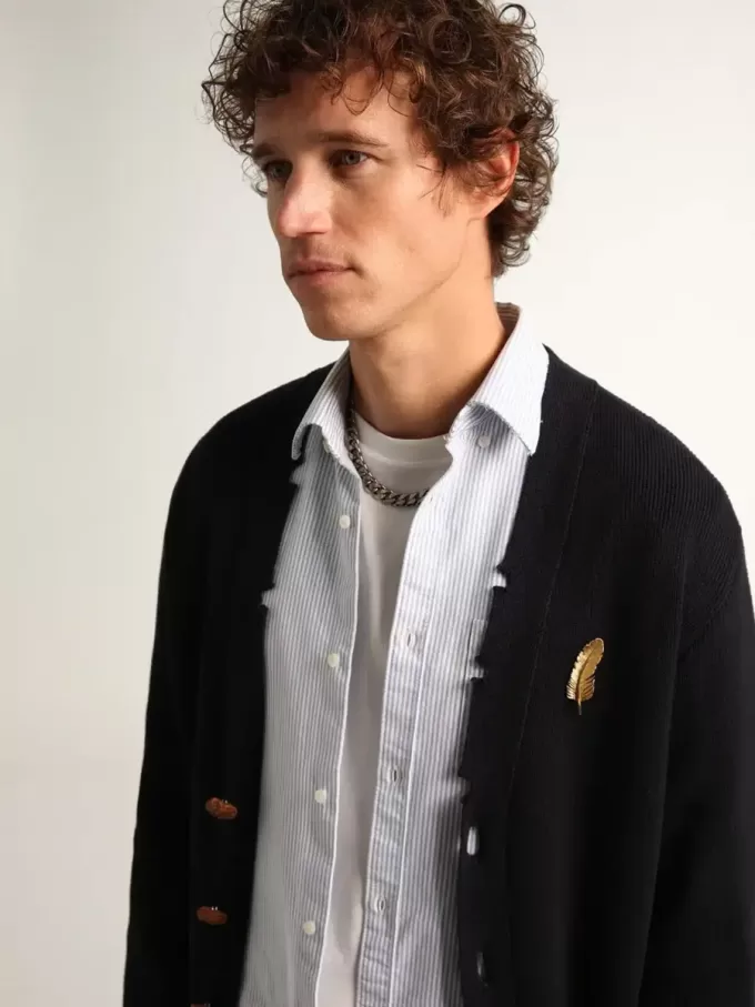Cardigan Golden Collection in cotone blu scuro con finitura effetto consumato Cardigan Golden Collection in cotone blu scuro con finitura effetto consumato