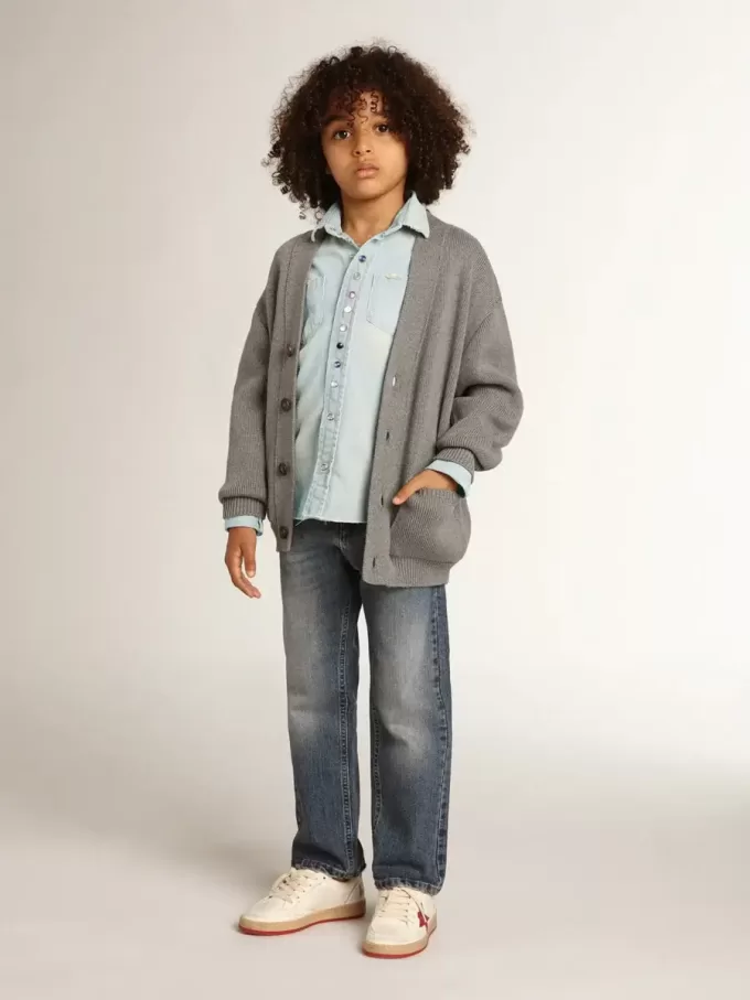 Cardigan grigio in cotone con logo sul retro Cardigan grigio in cotone con logo sul retro