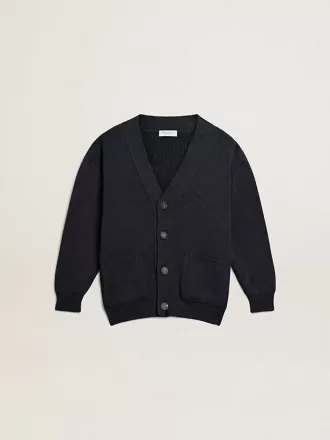 Cardigan in cotone blu scuro con logo sul retro