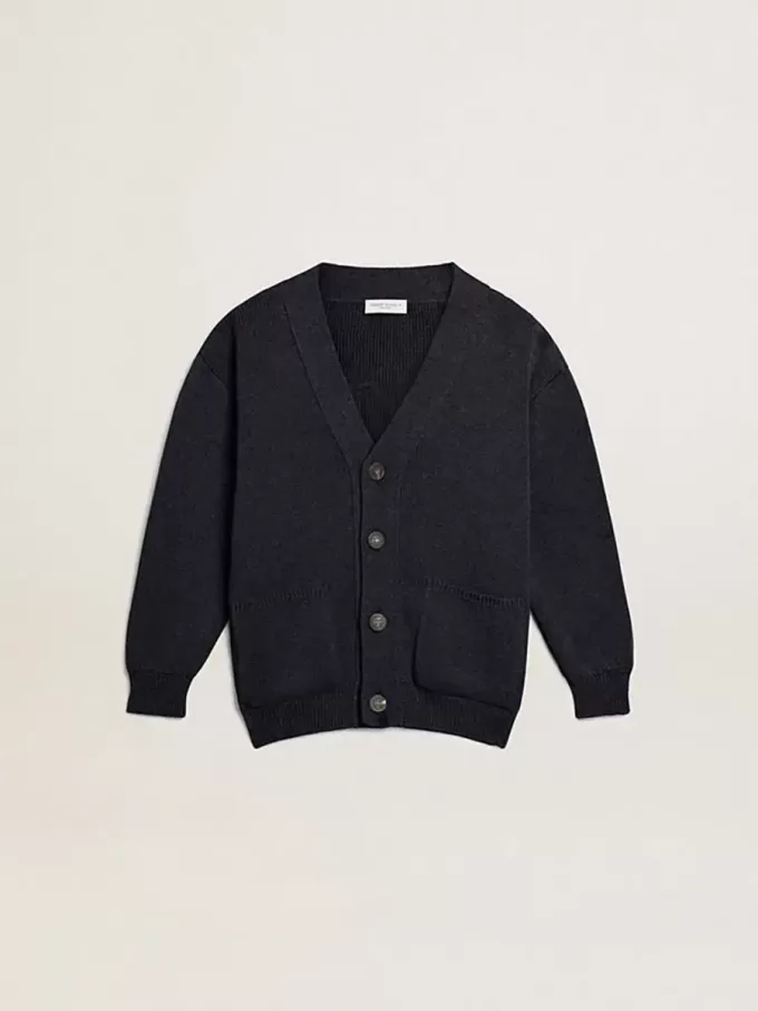 Cardigan in cotone blu scuro con logo sul retro