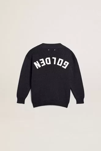 Cardigan in cotone blu scuro con logo sul retro