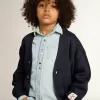Cardigan in cotone blu scuro con logo sul retro