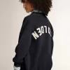 Cardigan in cotone blu scuro con logo sul retro