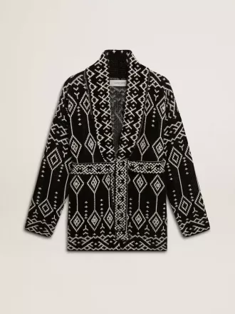 Cardigan nero da donna con cintura e cristalli