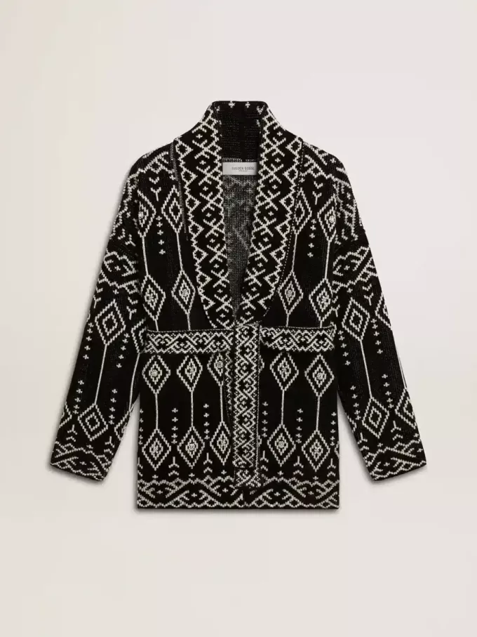 Cardigan nero da donna con cintura e cristalli