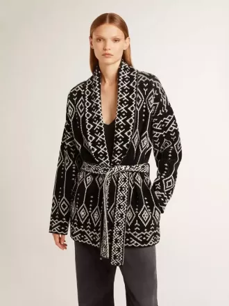 Cardigan nero da donna con cintura e cristalli