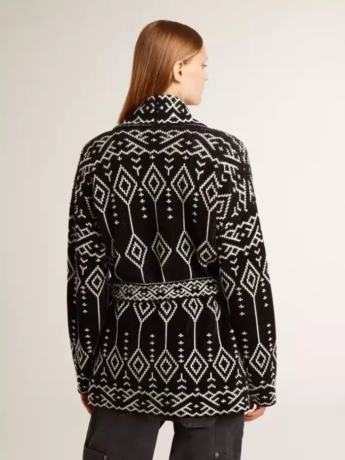Cardigan nero da donna con cintura e cristalli