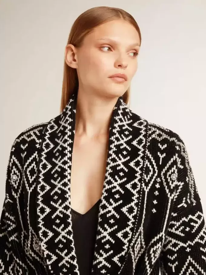 Cardigan nero da donna con cintura e cristalli