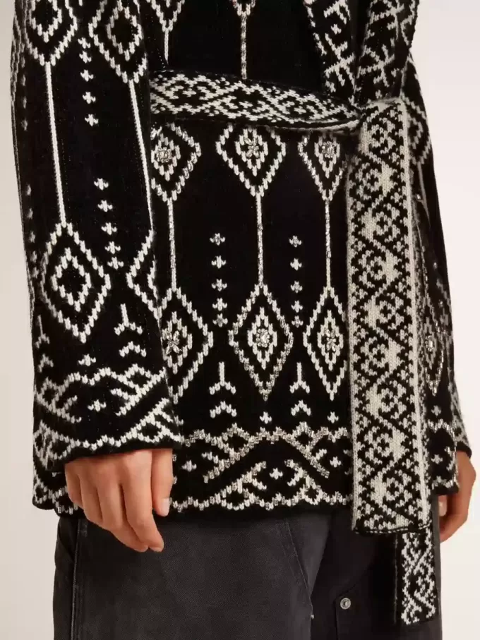 Cardigan nero da donna con cintura e cristalli