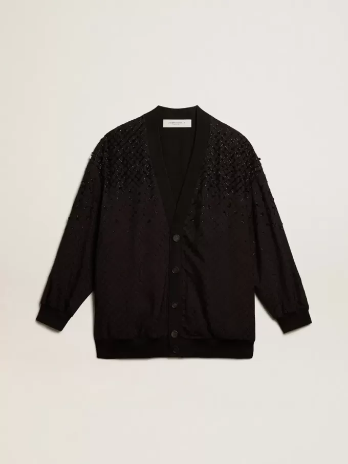 Cardigan nero da donna con ricami sfumati Cardigan nero da donna con ricami sfumati