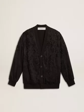 Cardigan nero da donna con ricamo tono su tono in perline toile de jouy