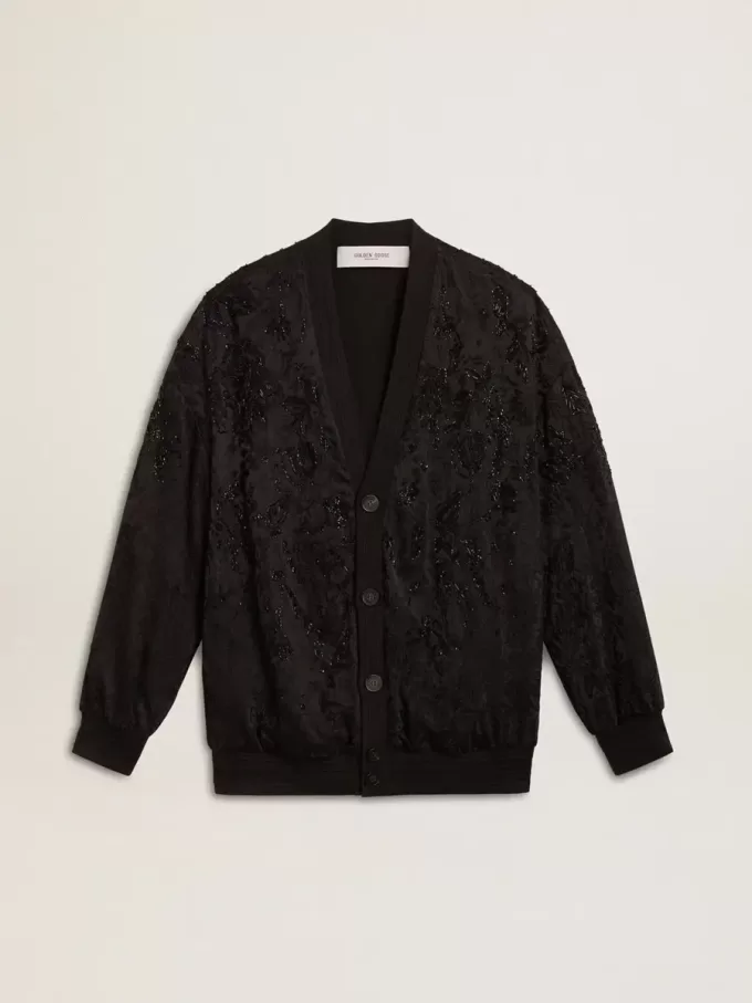 Cardigan nero da donna con ricamo tono su tono in perline toile de jouy Cardigan nero da donna con ricamo tono su tono in perline toile de jouy