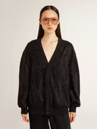 Cardigan nero da donna con ricamo tono su tono in perline toile de jouy