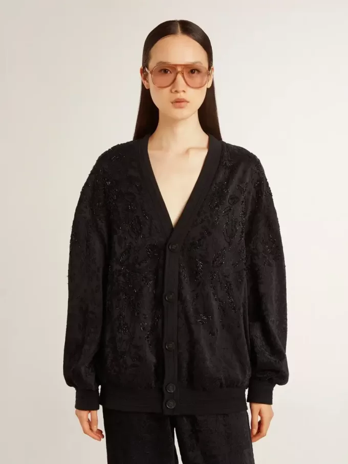 Cardigan nero da donna con ricamo tono su tono in perline toile de jouy Cardigan nero da donna con ricamo tono su tono in perline toile de jouy