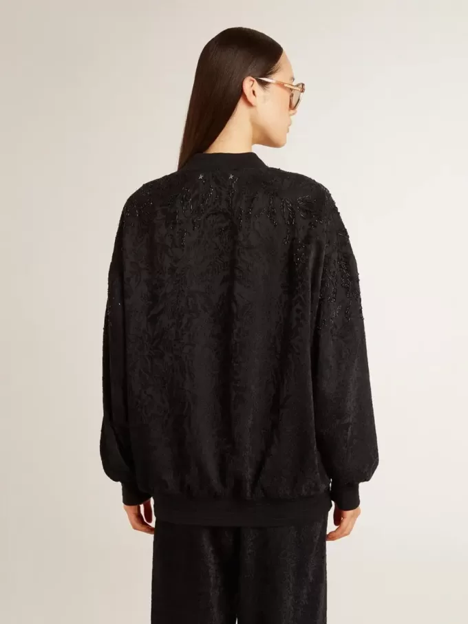 Cardigan nero da donna con ricamo tono su tono in perline toile de jouy Cardigan nero da donna con ricamo tono su tono in perline toile de jouy
