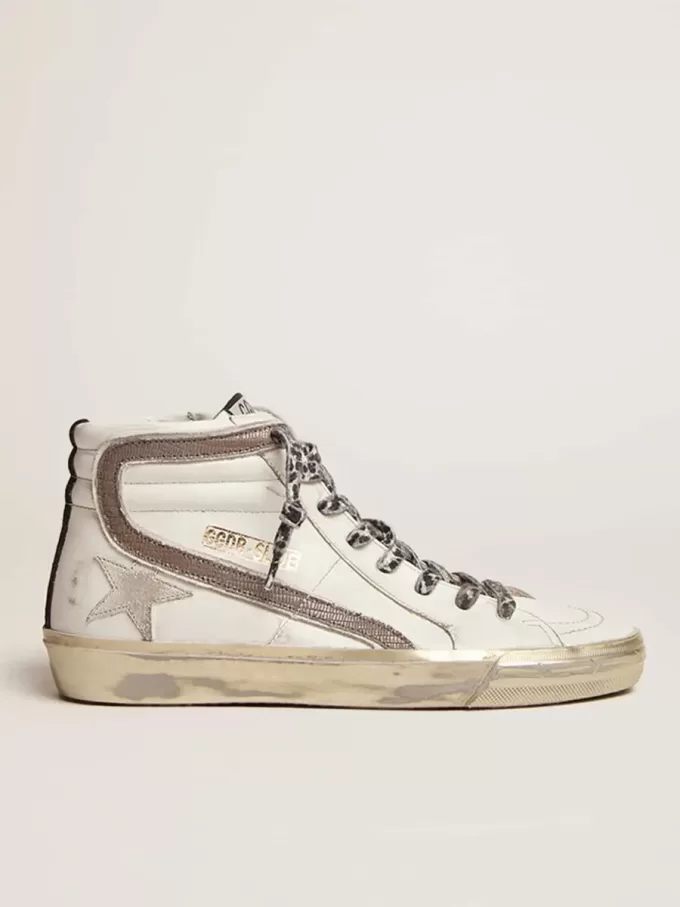 Ciabatta da donna con stella in camoscio bianco e dettagli in pelle