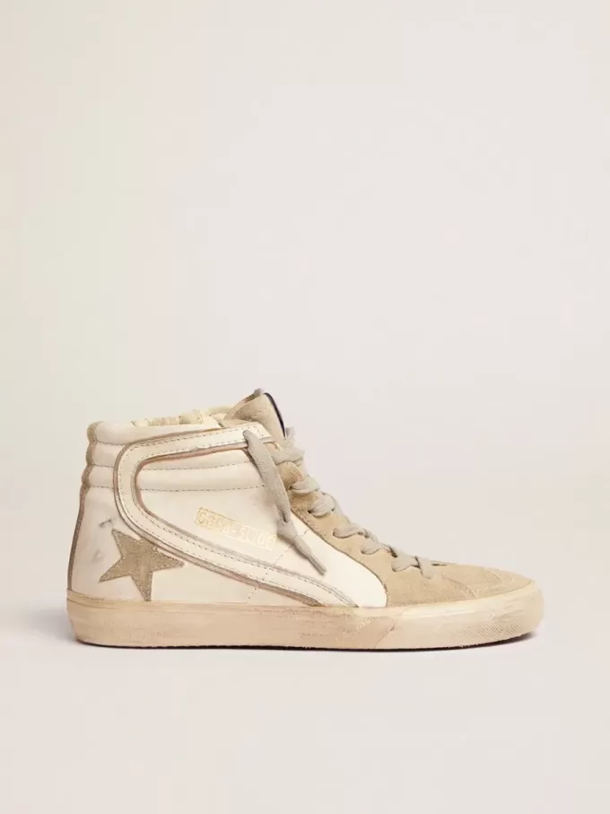 Ciabatta da donna con stella in camoscio grigio ghiaccio e flash bianco Ciabatta da donna con stella in camoscio grigio ghiaccio e flash bianco
