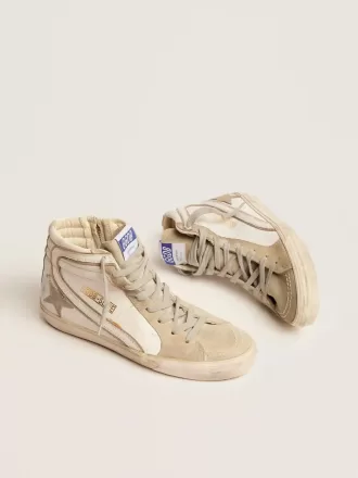 Ciabatta da donna con stella in camoscio grigio ghiaccio e flash bianco