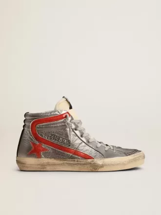 Ciabatte da donna con tomaia in pelle metallizzata argento e dettagli in pelle metallizzata rossa