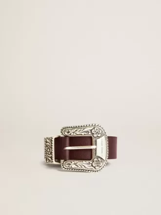 Cintura da donna in pelle bordeaux con fibbia decorata in argento