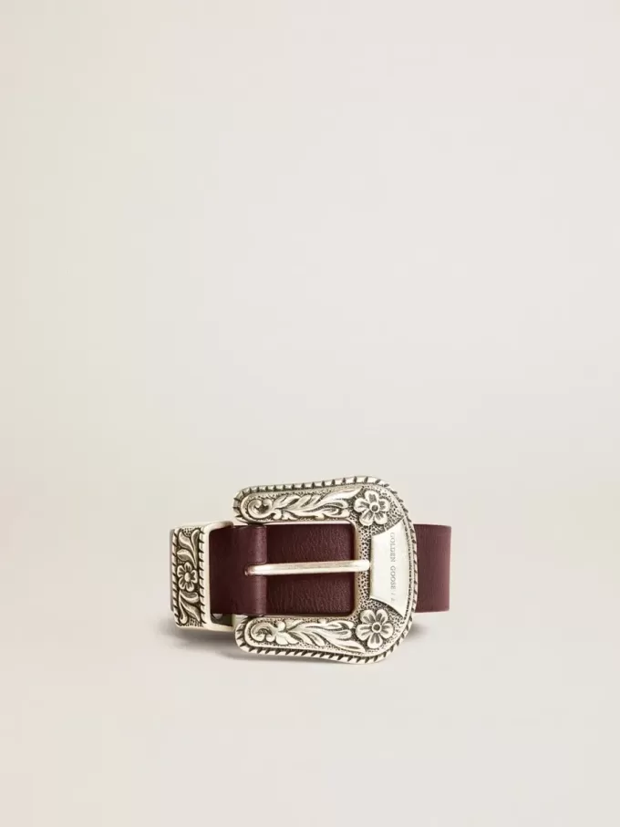 Cintura da donna in pelle bordeaux con fibbia decorata in argento Cintura da donna in pelle bordeaux con fibbia decorata in argento