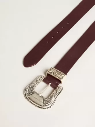 Cintura da donna in pelle bordeaux con fibbia decorata in argento