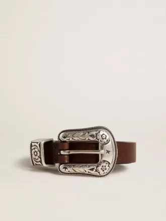 Cintura da donna in pelle marrone scuro con fibbia decorata in argento