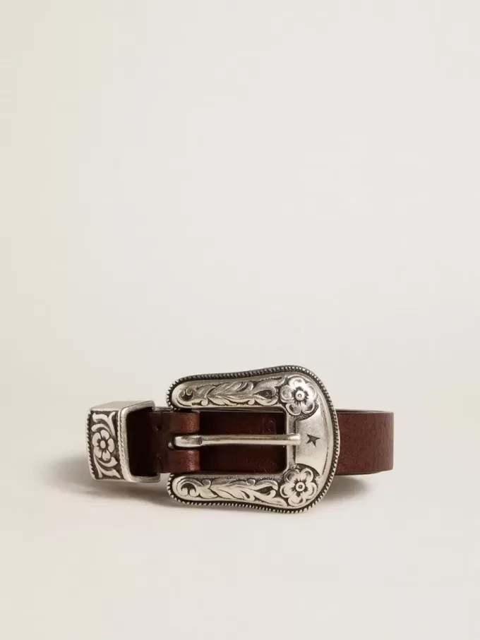 Cintura da donna in pelle marrone scuro con fibbia decorata in argento Cintura da donna in pelle marrone scuro con fibbia decorata in argento